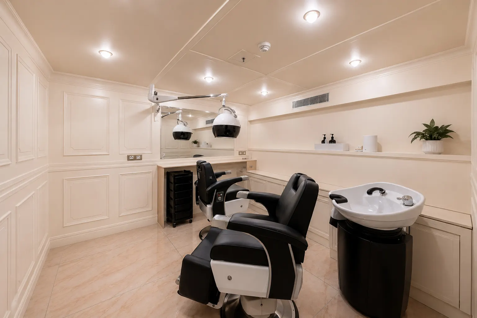 Private hair salon with two styling chairs.