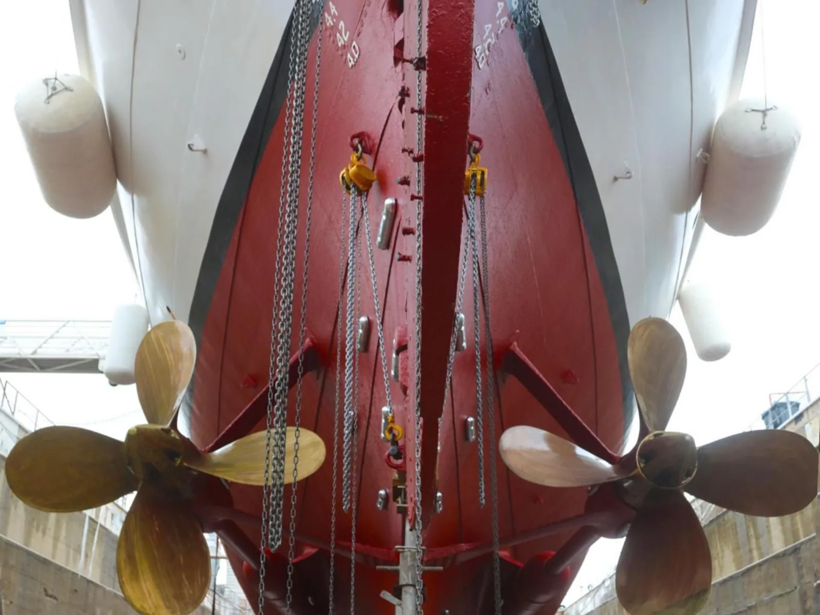 Both bronze propellers and the rudder beneath the stern of SS Delphine, out of the water.